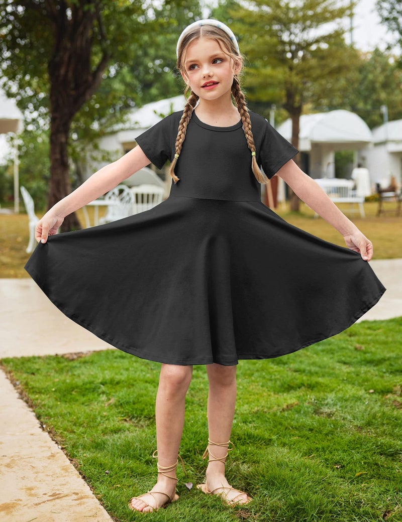 Arshiner Girl Dresses Size 10-12 Summer Twirly Black Dress T Shirt Solid Basic Cotton Classic Pocket Holiday School Party Dress 12 13 - Image 5